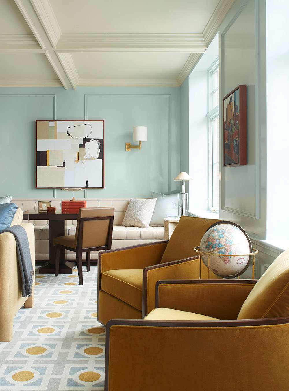 Lisa Tharp Designs Lounge Office with globe and chairs