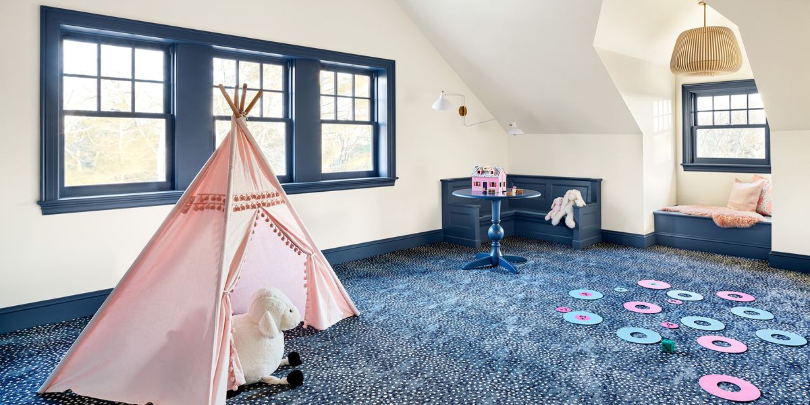 Vibrant and whimsical kids playroom painted with ECOS Paints
